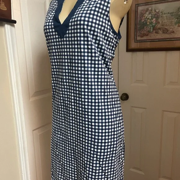 Lands End Navy & White Gingham V‑Neck Women’s Stretch Dress - Picture 4 of 9
